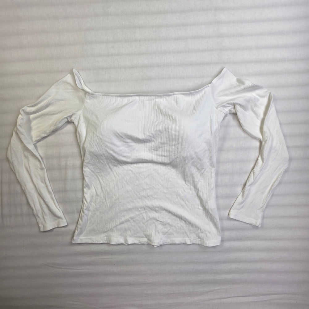 Halara White Ribbed Off The Shoulder Long Sleeve Built In Bra Top Medium